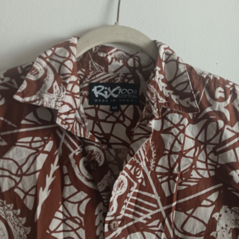 Rix100% cotton Hawaiian Brown Short Sleeves Shirt Tiki Front Pocket Vacation - Picture 4 of 9